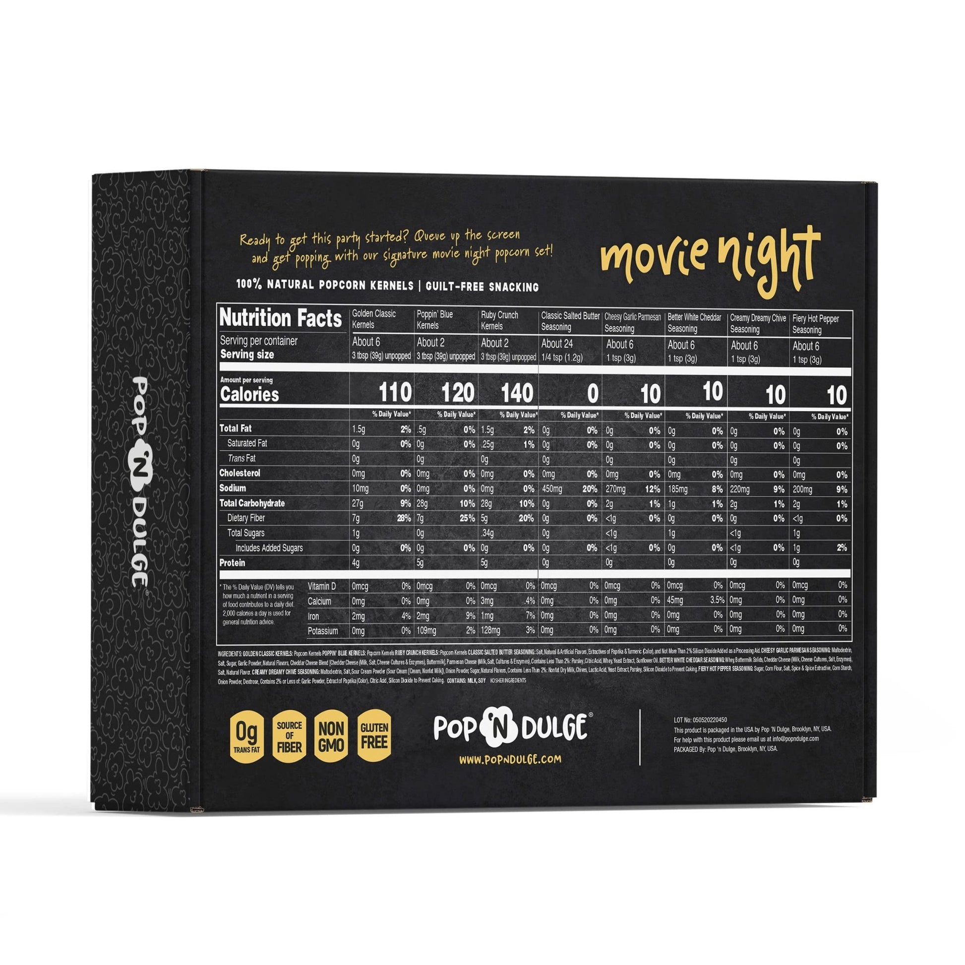 Pop n' Dulge Popcorn Movie Night Supplies 16 pcs Gift Set, 5 Gourmet Popcorn Kernels, 5 Seasoning Variety Packs Non - GMO Kosher Snacks, Great Housewarming Family Date Night Gifts Basket Ideas For Him Her - Fresh Hearth