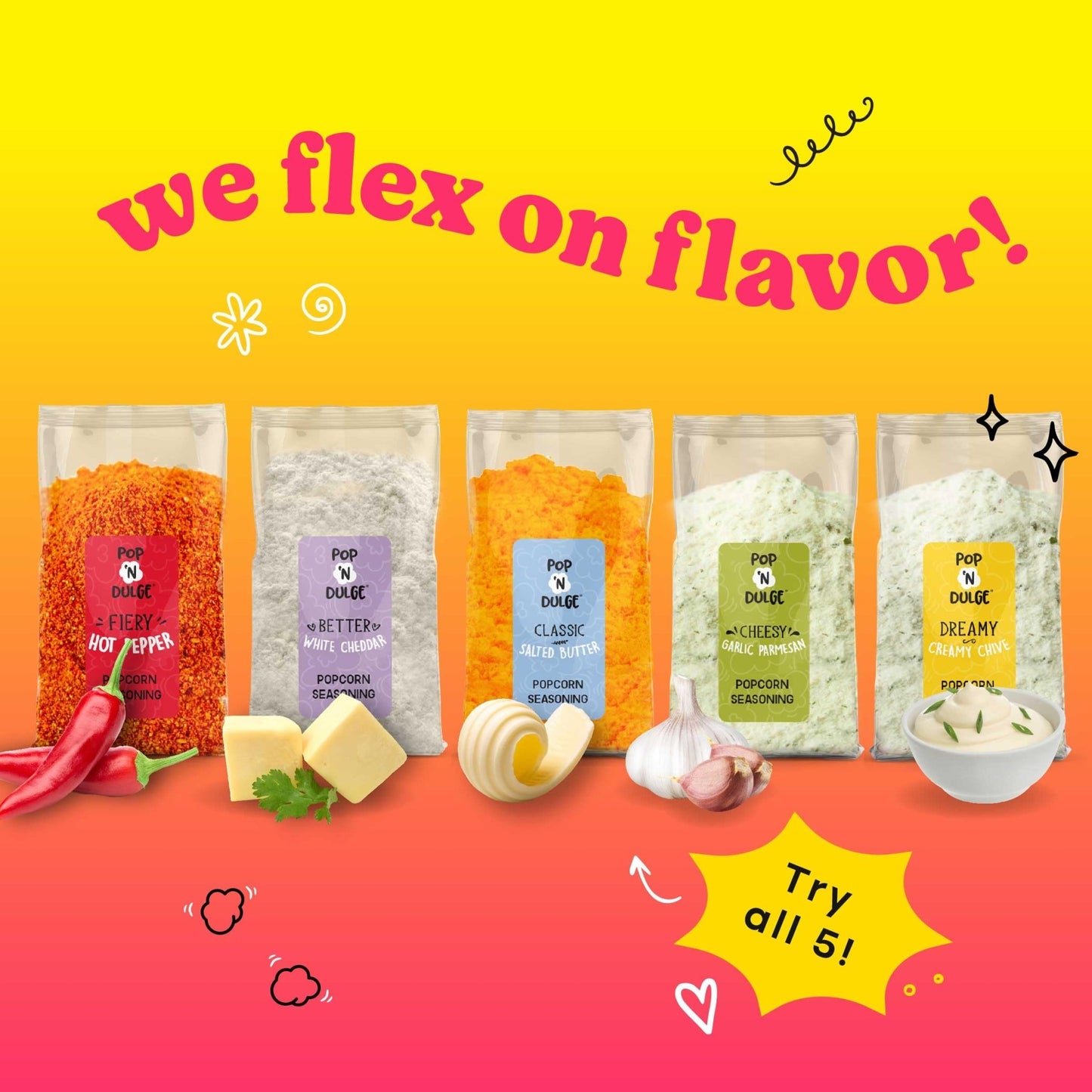 Pop n' Dulge Popcorn Movie Night Supplies 16 pcs Gift Set, 5 Gourmet Popcorn Kernels, 5 Seasoning Variety Packs Non - GMO Kosher Snacks, Great Housewarming Family Date Night Gifts Basket Ideas For Him Her - Fresh Hearth