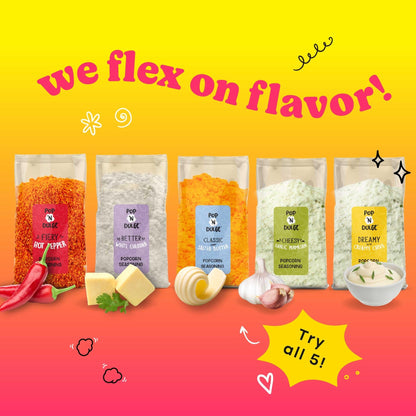 Pop n' Dulge Popcorn Movie Night Supplies 16 pcs Gift Set, 5 Gourmet Popcorn Kernels, 5 Seasoning Variety Packs Non - GMO Kosher Snacks, Great Housewarming Family Date Night Gifts Basket Ideas For Him Her - Fresh Hearth