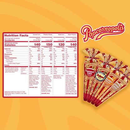 Popcornopolis Gourmet Popcorn Cone Variety Pack – Zebra, Cheddar Cheese, Caramel & Kettle Corn Popcorn, Great for Gifting & Sharing (12 - Count) - Fresh Hearth