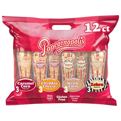Popcornopolis Gourmet Popcorn Cone Variety Pack – Zebra, Cheddar Cheese, Caramel & Kettle Corn Popcorn, Great for Gifting & Sharing (12 - Count) - Fresh Hearth