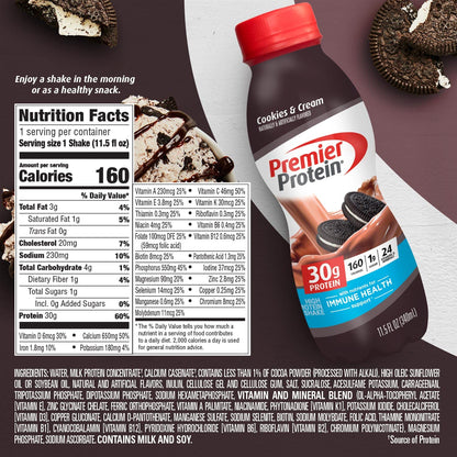 Premier Protein Shake, Cookies & Cream, 30g Protein, 1g Sugar, 24 Vitamins & Minerals, Nutrients to Support Immune Health 11.5 fl oz (12 Pack) - Fresh Hearth