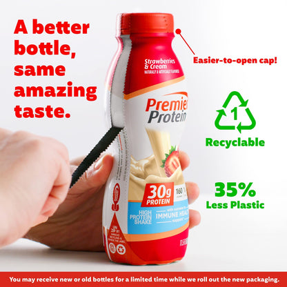 Premier Protein Shake, Strawberries & Cream, 30g Protein 1g Sugar 24 Vitamins Minerals Nutrients to Support Immune Health, 11.5 fl oz (Pack of 12) - Fresh Hearth