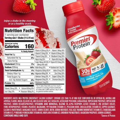 Premier Protein Shake, Strawberries & Cream, 30g Protein 1g Sugar 24 Vitamins Minerals Nutrients to Support Immune Health, 11.5 fl oz (Pack of 12) - Fresh Hearth