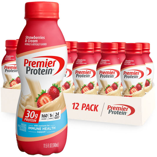 Premier Protein Shake, Strawberries & Cream, 30g Protein 1g Sugar 24 Vitamins Minerals Nutrients to Support Immune Health, 11.5 fl oz (Pack of 12) - Fresh Hearth