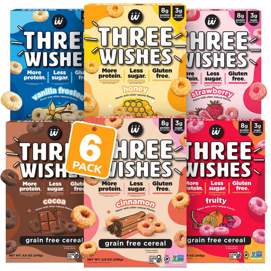 Protein and Gluten - Free Breakfast Cereal by Three Wishes - Variety Pack, 6 Pack - More Protein and Less Sugar Snack - Kosher, Vegan - Frosted, Fruity, Cocoa, Strawberry, Honey & Cinnamon - Fresh Hearth