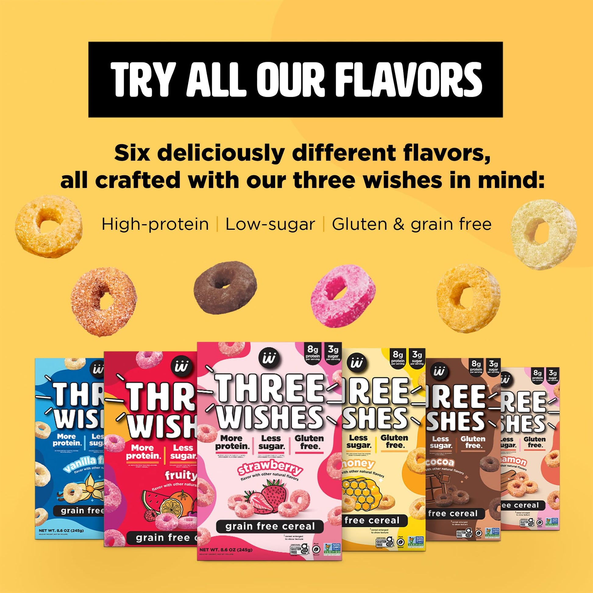 Protein and Gluten - Free Breakfast Cereal by Three Wishes - Variety Pack, 6 Pack - More Protein and Less Sugar Snack - Kosher, Vegan - Frosted, Fruity, Cocoa, Strawberry, Honey & Cinnamon - Fresh Hearth