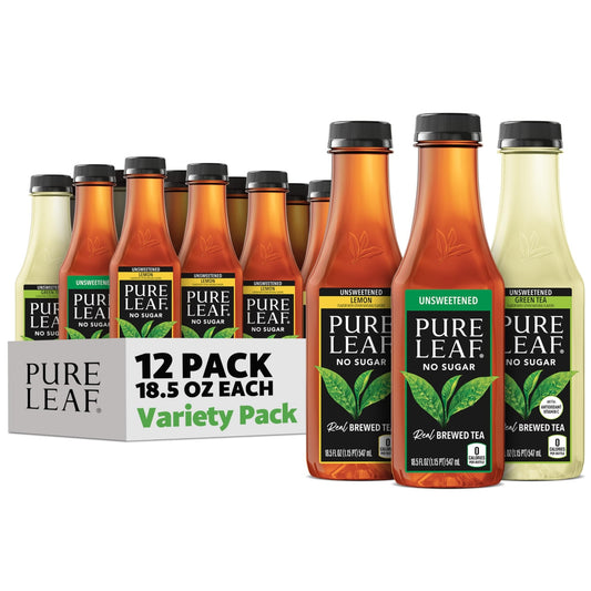 Pure Leaf Iced Tea, Unsweetened 3 Flavor Variety Pack, Zero Sugar & Zero Calories, 18.5 Fl Oz Bottles (Pack of 12) - Fresh Hearth