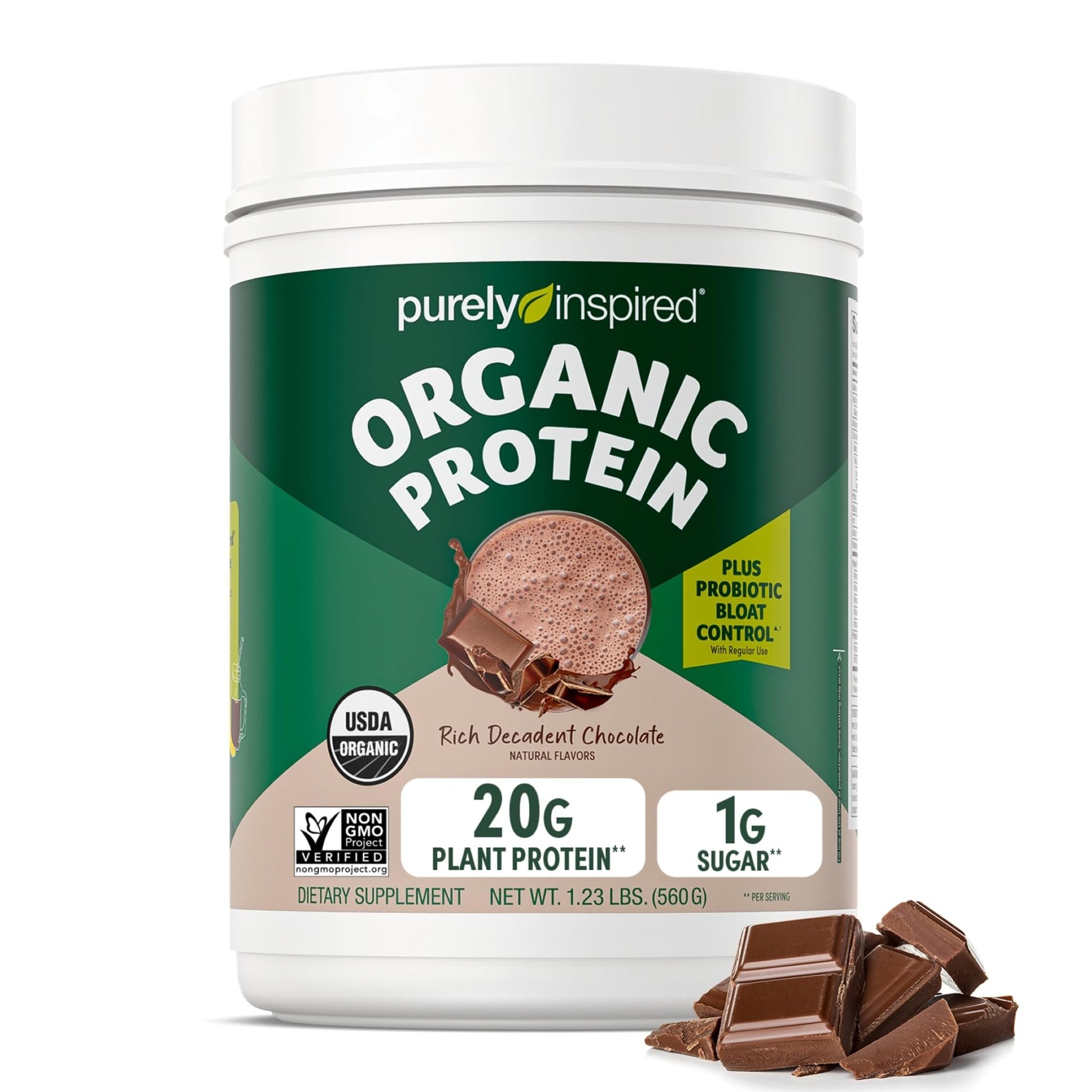 Purely Inspired Plant - Based Protein Powder for Men & Women, Rich Decadent Chocolate (16 Servings) - Vegan & Organic - 20g of Pea Protein Powder for Smoothies & Shakes - Dairy - Free, & Gluten - Free - Fresh Hearth