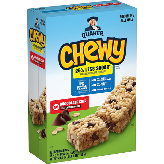 Quaker Chewy Lower Sugar Granola Bars, Chocolate Chip, 58 Count - Fresh Hearth
