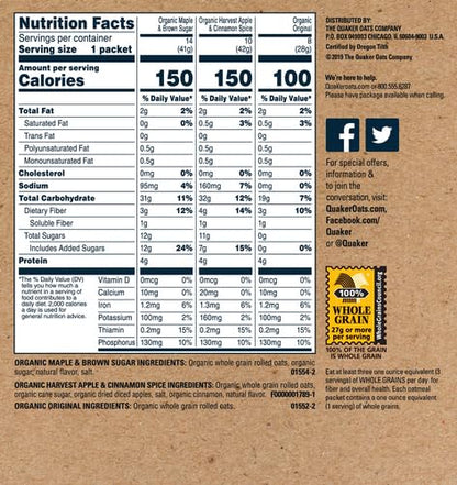 QUAKER Instant Oatmeal, USDA Organic, Non - GMO Project Verified, 3 Flavor Variety Pack, Individual Packets, 32 Count (Pack of 1) - Fresh Hearth