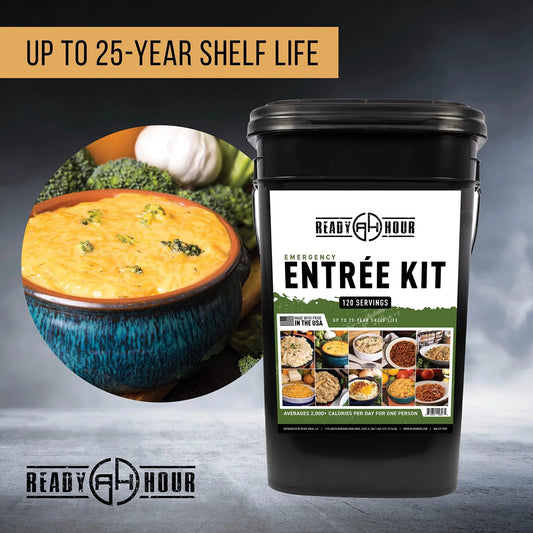 Ready Hour, Emergency Meal Entrées, Real Non - Perishable Meals, 25 - Year Shelf Life, Portable Flood - Safe Container, 120 Servings - Fresh Hearth