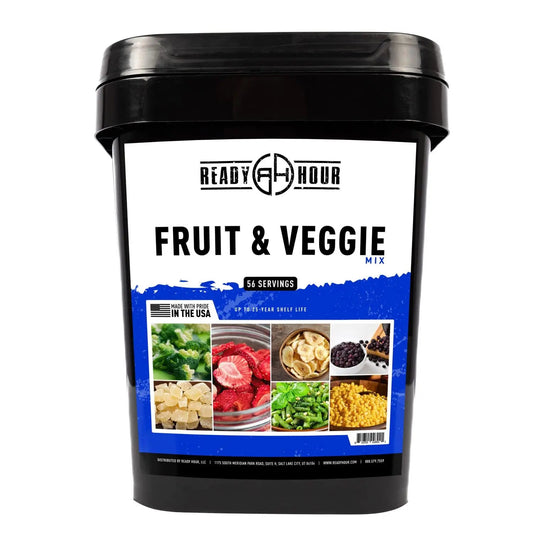 Ready Hour, Fruit & Veggie Mix, Non - Perishable Freeze - Dried Food, 30 - Year Shelf Life, Portable Emergency and Adventure Food Supply, Durable Flood Safe Container, 56 Servings - Fresh Hearth