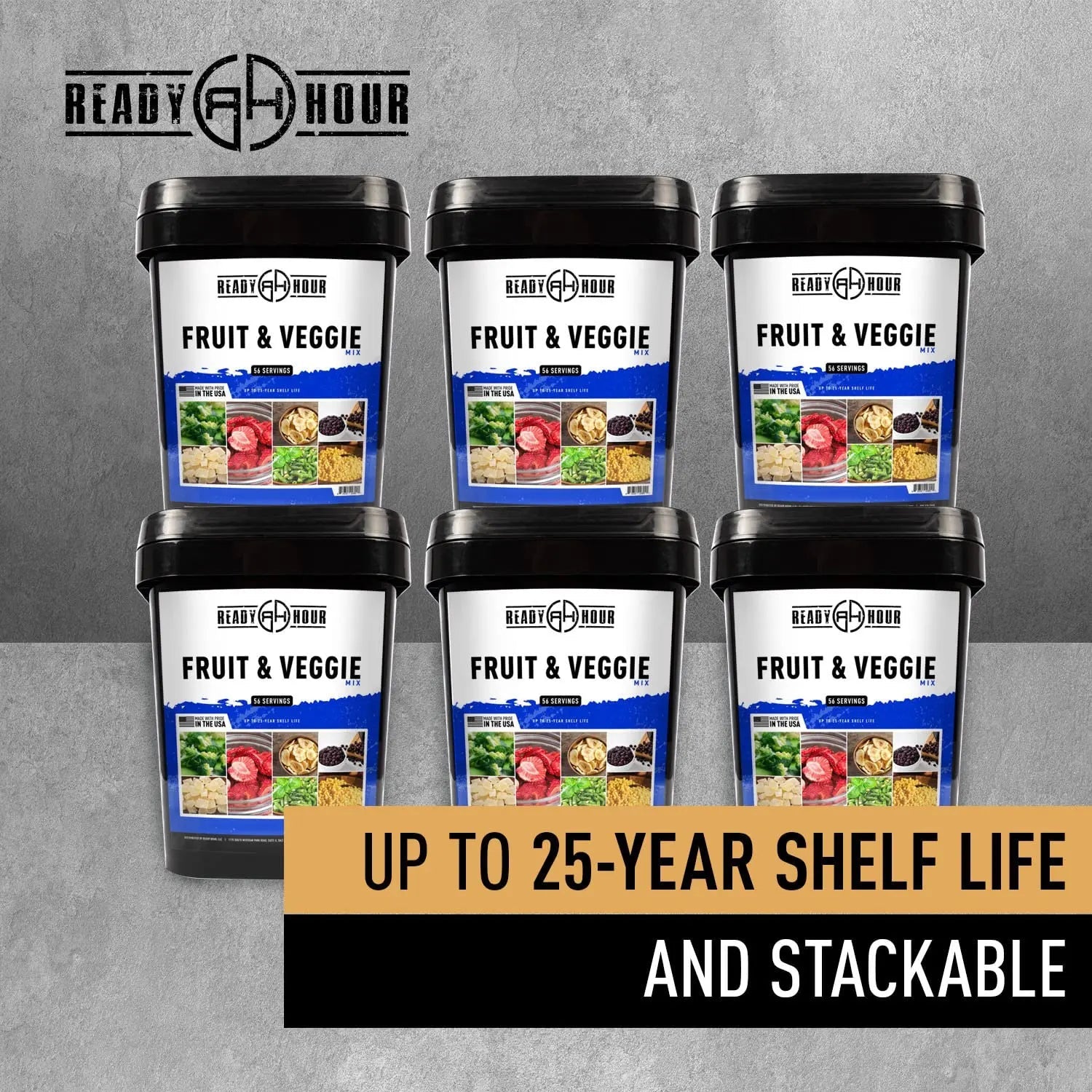 Ready Hour, Fruit & Veggie Mix, Non - Perishable Freeze - Dried Food, 30 - Year Shelf Life, Portable Emergency and Adventure Food Supply, Durable Flood Safe Container, 56 Servings - Fresh Hearth