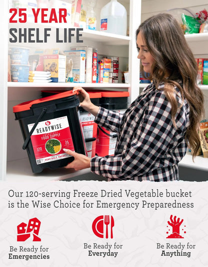 ReadyWise, 120 Servings, Vegetable Bucket, Broccoli, Sweet Corn, Green Beans, Peas, Freeze Dried, 20 Years Shelf Life, Emergency Food - Fresh Hearth