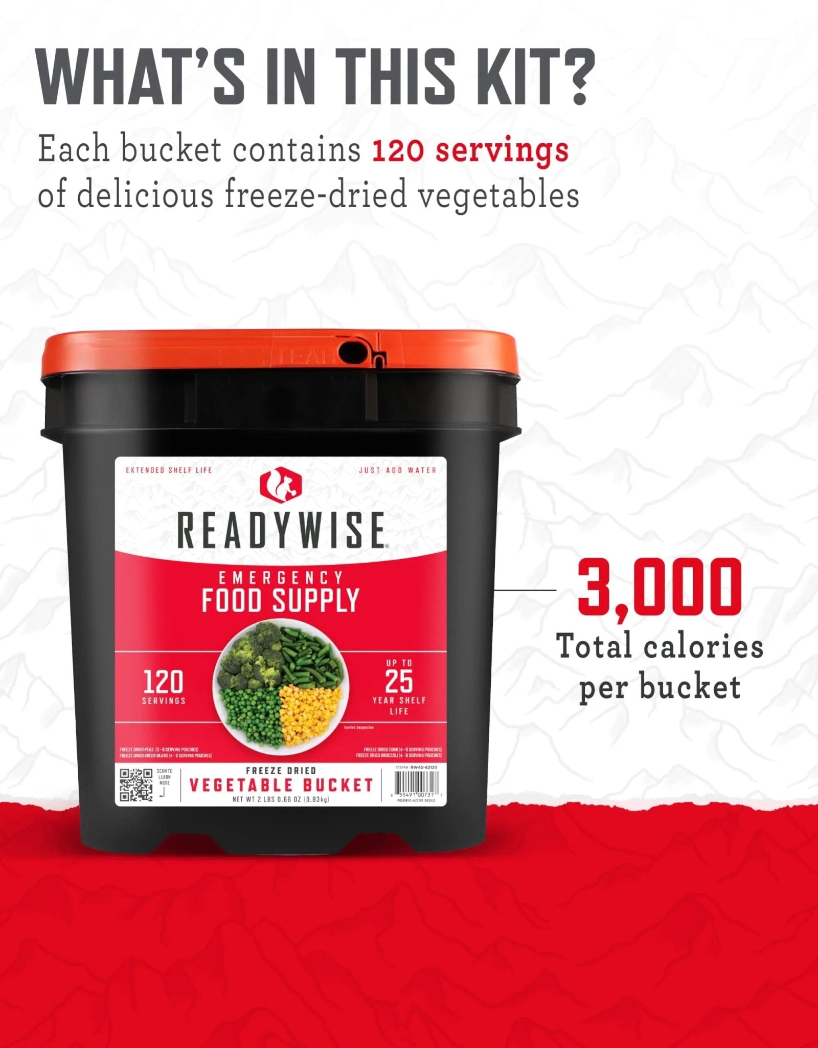 ReadyWise, 120 Servings, Vegetable Bucket, Broccoli, Sweet Corn, Green Beans, Peas, Freeze Dried, 20 Years Shelf Life, Emergency Food - Fresh Hearth