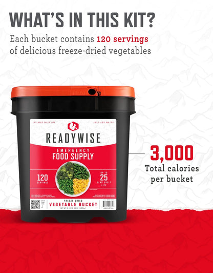 ReadyWise, 120 Servings, Vegetable Bucket, Broccoli, Sweet Corn, Green Beans, Peas, Freeze Dried, 20 Years Shelf Life, Emergency Food - Fresh Hearth