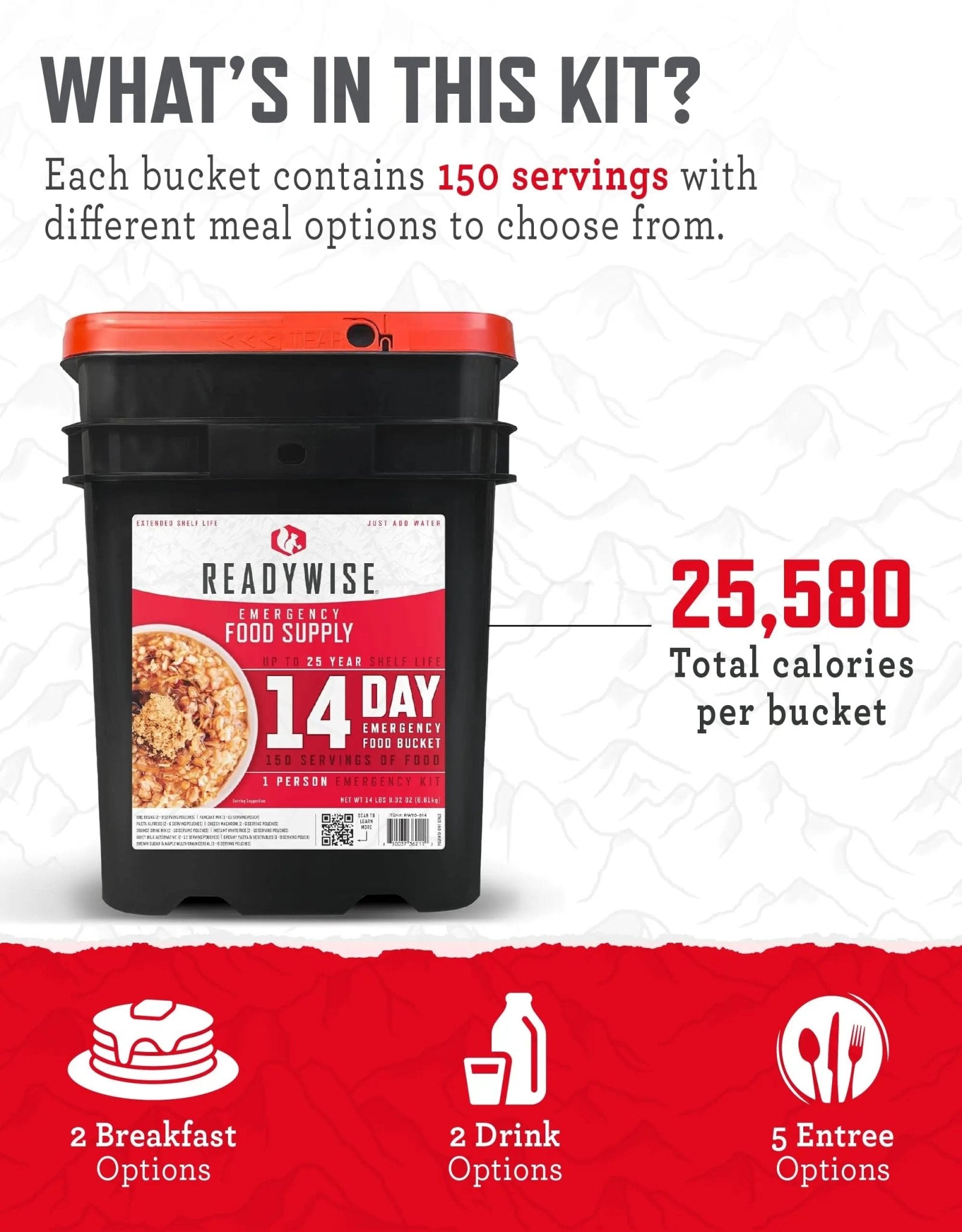 READYWISE - 14 Day, Emergency Food Supply, 150 Servings, 1 Bucket, Freeze Dried, MRE, Pre - made, Camping Essentials, Survival Kit, Food for Hiking, Adventure and Emergencies, 25 - Year Shelf Life - Fresh Hearth