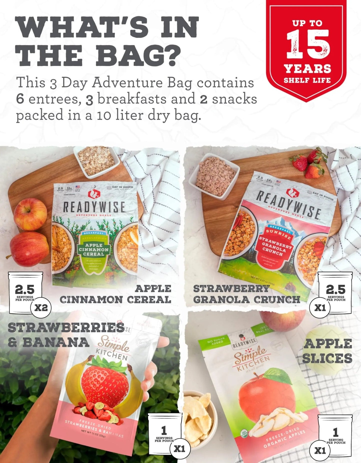 ReadyWise 3 - Day, Emergency Food Supply, 10L Dry Bag with Freeze - Dried Meals for Survival, Camping, Hiking, Disaster Preparedness, Bug Out Gear, Long - Term Storage, and Backpacking Essentials - Fresh Hearth