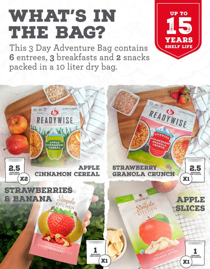 ReadyWise 3 - Day, Emergency Food Supply, 10L Dry Bag with Freeze - Dried Meals for Survival, Camping, Hiking, Disaster Preparedness, Bug Out Gear, Long - Term Storage, and Backpacking Essentials - Fresh Hearth