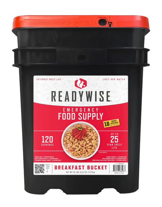 READYWISE - Breakfast Bucket, 120 Servings, Emergency, MRE Meal, Food Supply, Premade, Freeze Dried Survival Food for Hiking, Adventure & Camping Essentials, Individually Packaged, 25 Year Shelf Life - Fresh Hearth