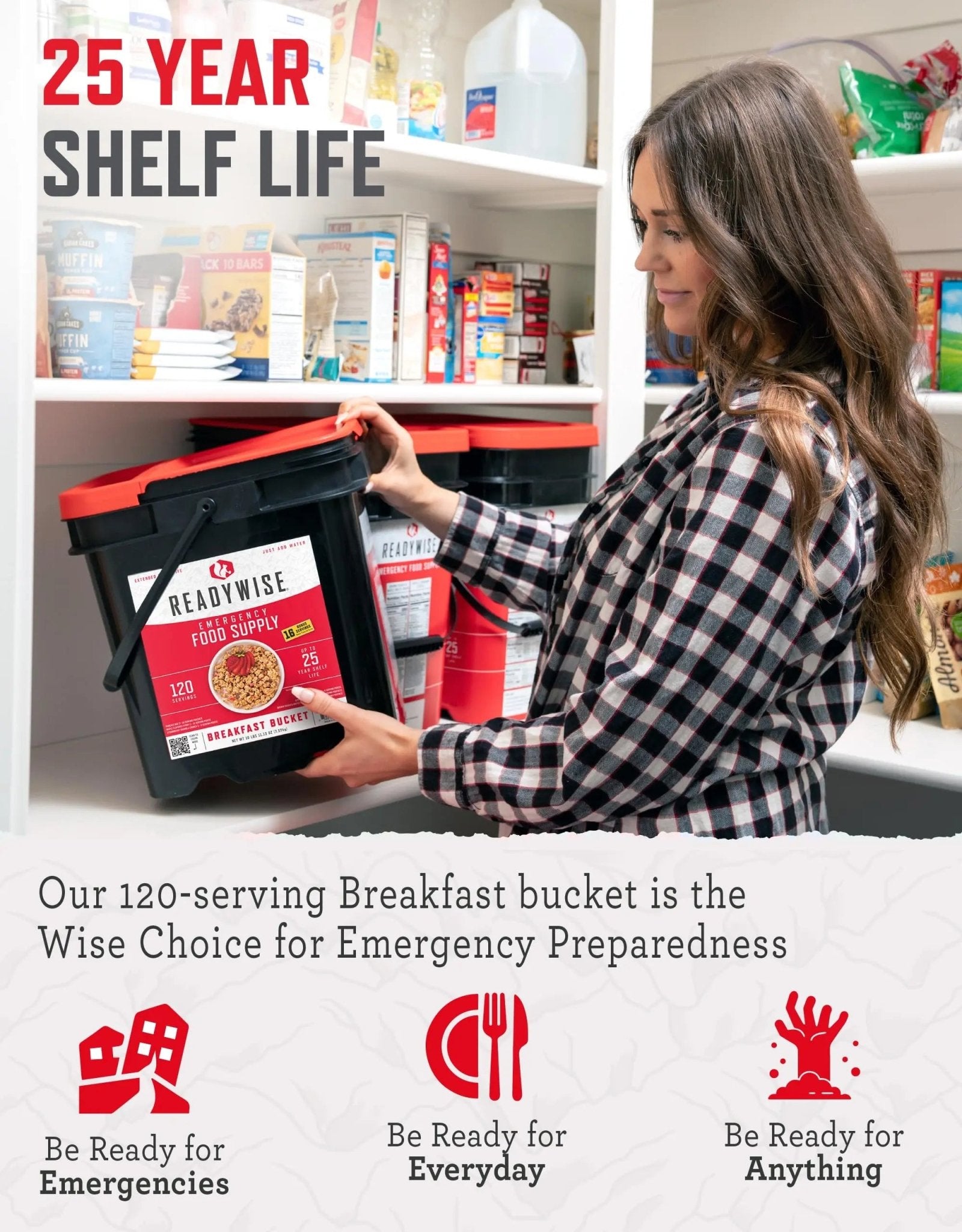 READYWISE - Breakfast Bucket, 120 Servings, Emergency, MRE Meal, Food Supply, Premade, Freeze Dried Survival Food for Hiking, Adventure & Camping Essentials, Individually Packaged, 25 Year Shelf Life - Fresh Hearth