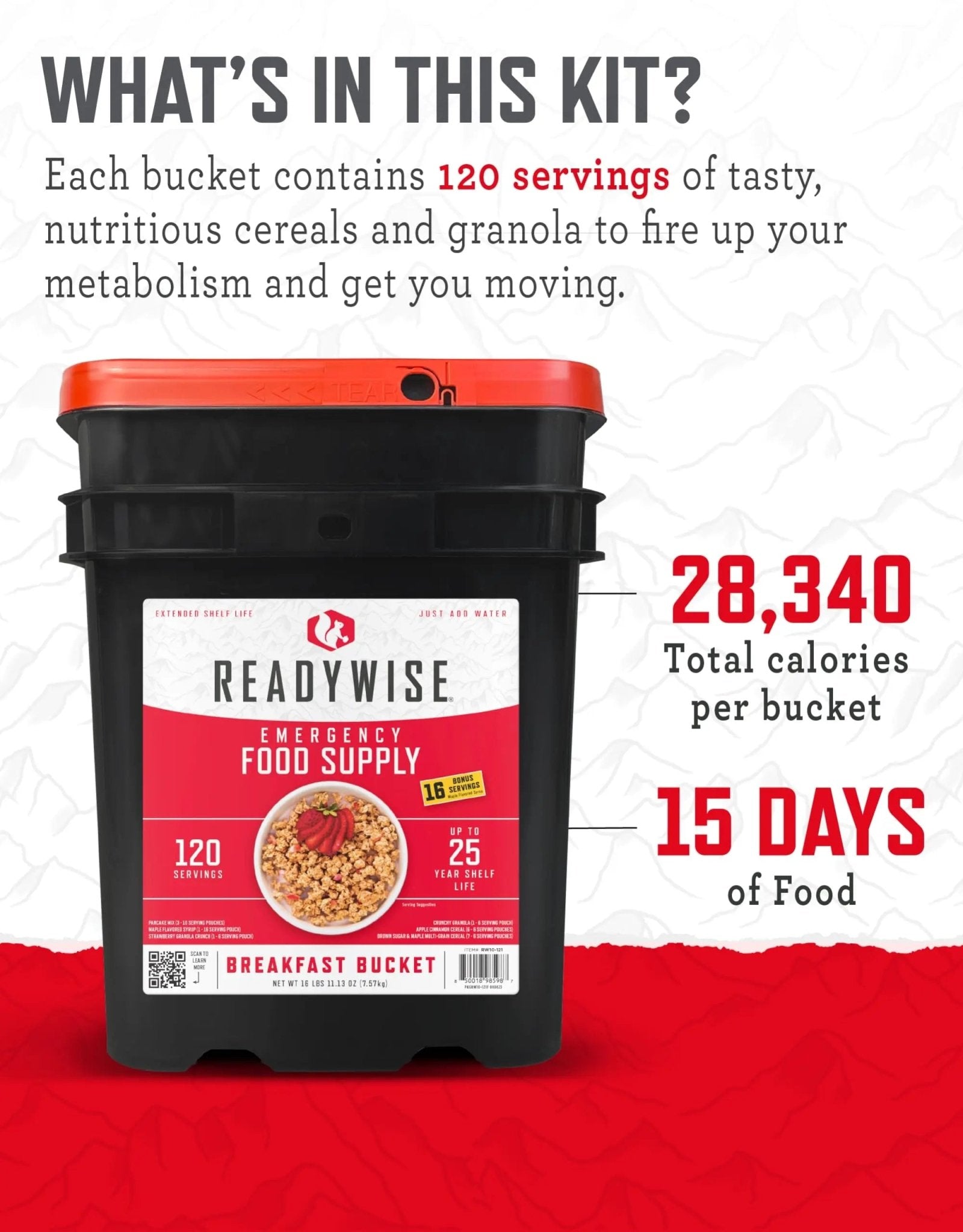 READYWISE - Breakfast Bucket, 120 Servings, Emergency, MRE Meal, Food Supply, Premade, Freeze Dried Survival Food for Hiking, Adventure & Camping Essentials, Individually Packaged, 25 Year Shelf Life - Fresh Hearth