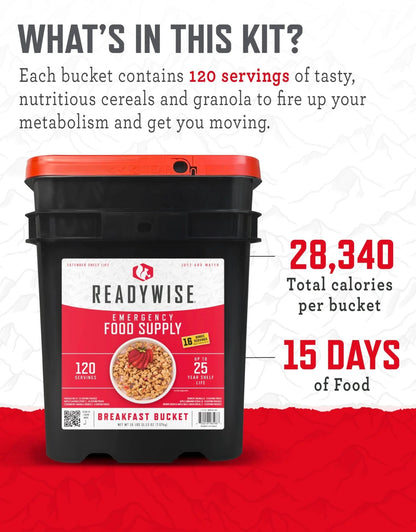 READYWISE - Breakfast Bucket, 120 Servings, Emergency, MRE Meal, Food Supply, Premade, Freeze Dried Survival Food for Hiking, Adventure & Camping Essentials, Individually Packaged, 25 Year Shelf Life - Fresh Hearth