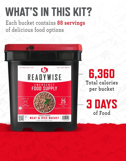 READYWISE - Chicken, Beef, Pork & Rice Emergency Food Supply Bucket, Freeze - Dried Survival Meals, Camping & Hiking Essentials, Long Term Meal, 48 Meat & 40 Rice Servings, Up to 25 Year Shelf Life - Fresh Hearth