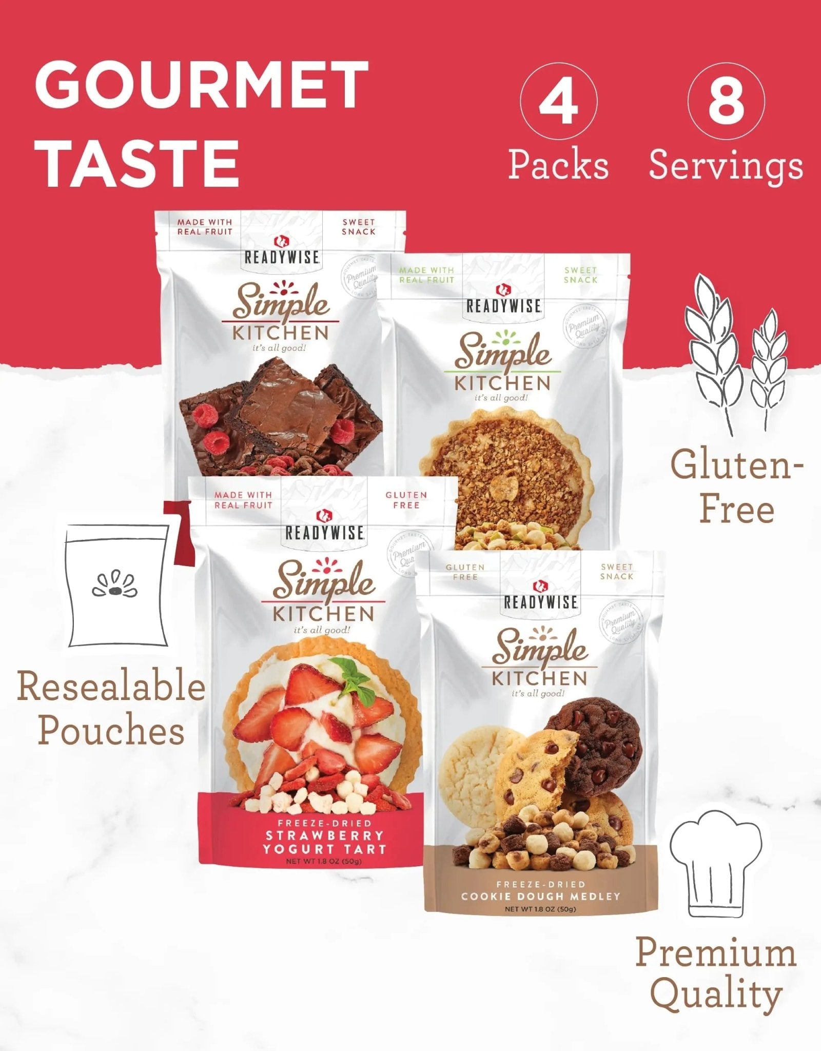 READYWISE - organic snacks - Simple Kitchen, Sweet Treats Variety Pack, 8 Servings, Pack of 4, Fruit Snacks, Healthy, Organic, Chips, Gluten Free Options, Camping, Hiking Snacks, Backpacking Food, Resealable Pouch - Fresh Hearth