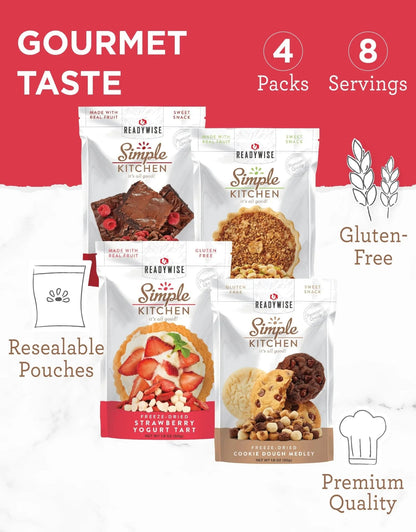 READYWISE - organic snacks - Simple Kitchen, Sweet Treats Variety Pack, 8 Servings, Pack of 4, Fruit Snacks, Healthy, Organic, Chips, Gluten Free Options, Camping, Hiking Snacks, Backpacking Food, Resealable Pouch - Fresh Hearth