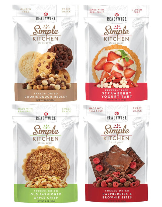 READYWISE - organic snacks - Simple Kitchen, Sweet Treats Variety Pack, 8 Servings, Pack of 4, Fruit Snacks, Healthy, Organic, Chips, Gluten Free Options, Camping, Hiking Snacks, Backpacking Food, Resealable Pouch - Fresh Hearth