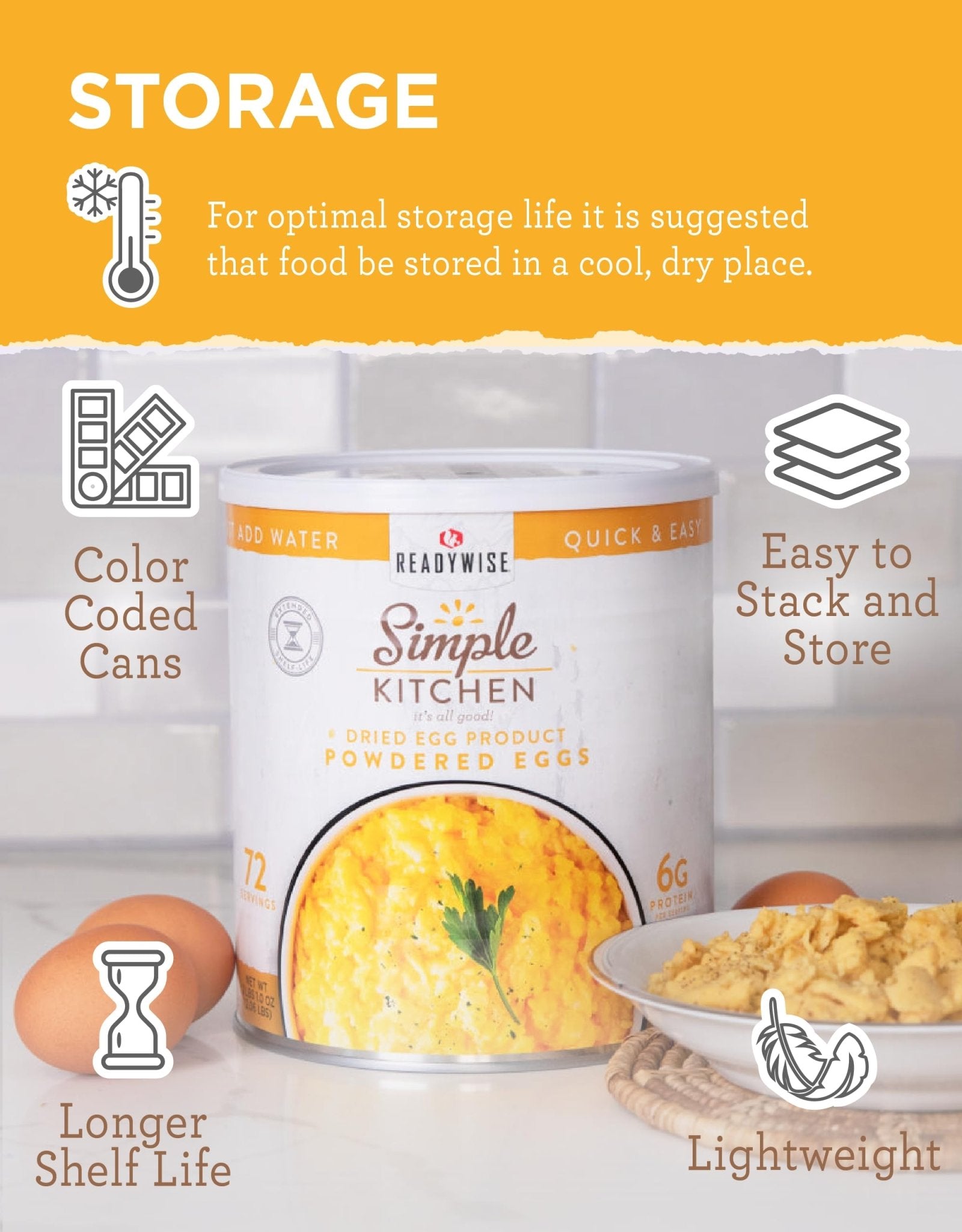 READYWISE - Simple Kitchen, Powdered Eggs, 72 Servings, Emergency Supply, Dehydrated Food, Baking Supplies, Camping Meals, Survival Food, 10 Can Egg Powder, Dehydrated Eggs Powder - Fresh Hearth