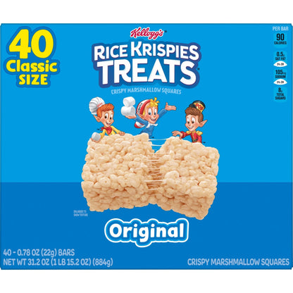 Rice Krispies Treats Crispy Marshmallow Squares, Kids Snacks, Snack Bars, Original, 31.2oz Box (40 Bars) - Fresh Hearth