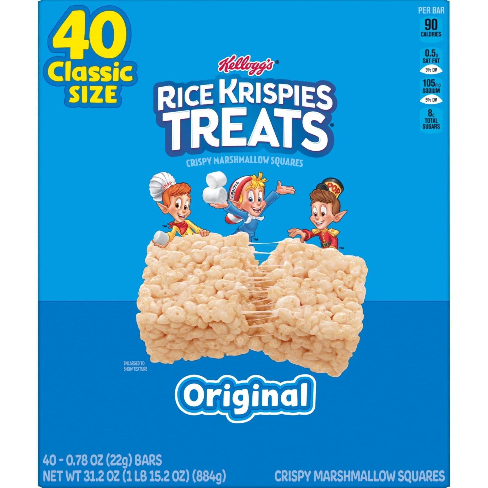 Rice Krispies Treats Crispy Marshmallow Squares, Kids Snacks, Snack Bars, Original, 31.2oz Box (40 Bars) - Fresh Hearth