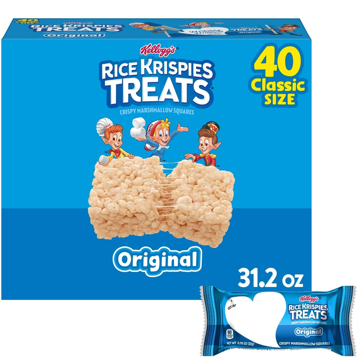 Rice Krispies Treats Crispy Marshmallow Squares, Kids Snacks, Snack Bars, Original, 31.2oz Box (40 Bars) - Fresh Hearth