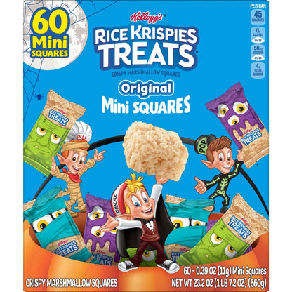 Rice Krispies Treats Crispy Mini Marshmallow Squares, Trick - or - Treat Snacks, Halloween Pack, Original, 23.2oz Box (60 Bars) - Fresh Hearth