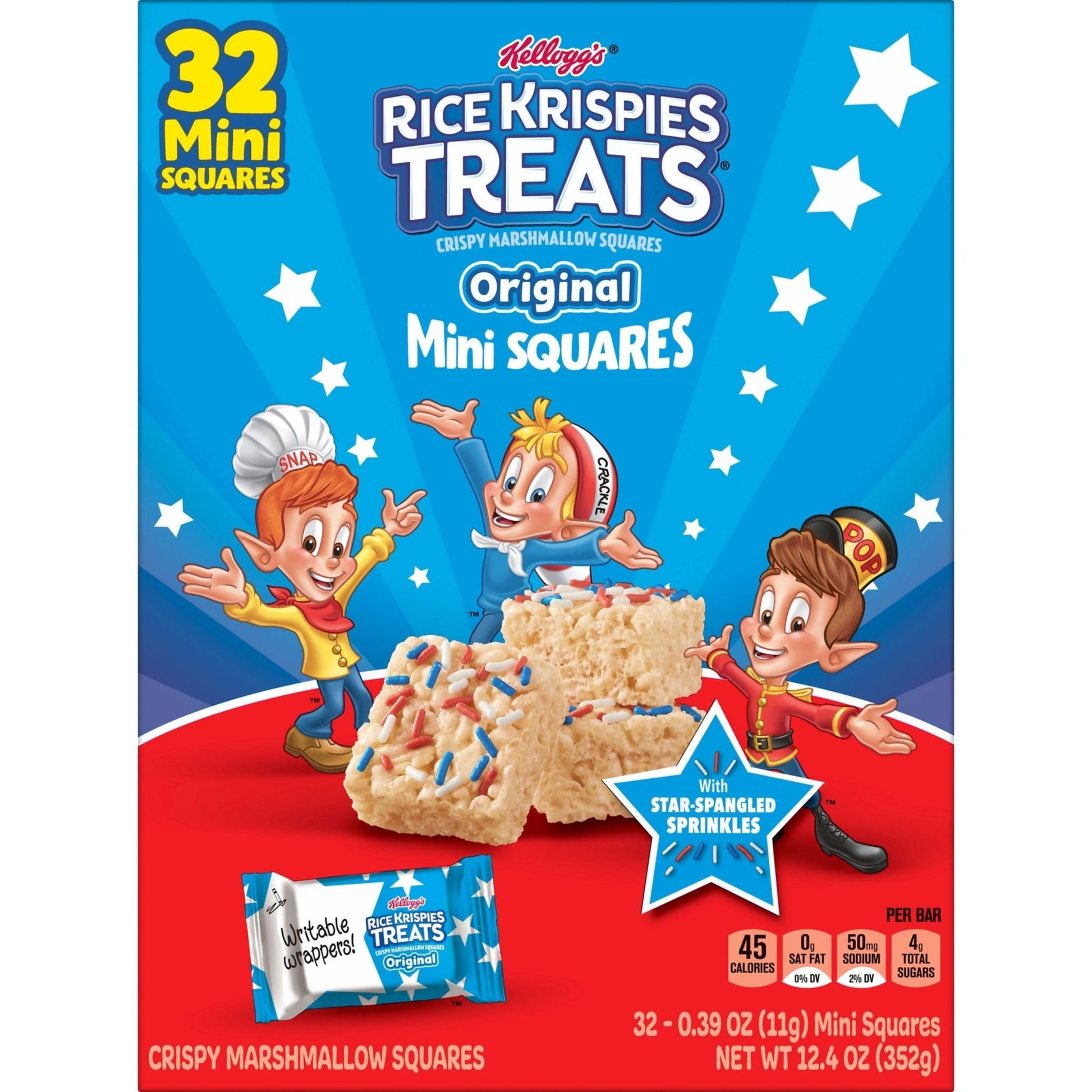 Rice Krispies Treats Mini Crispy Marshmallow Squares, 4th of July Snacks, Original with Star - Spangled Sprinkles, 12.4oz Box (32 Bars) - Fresh Hearth