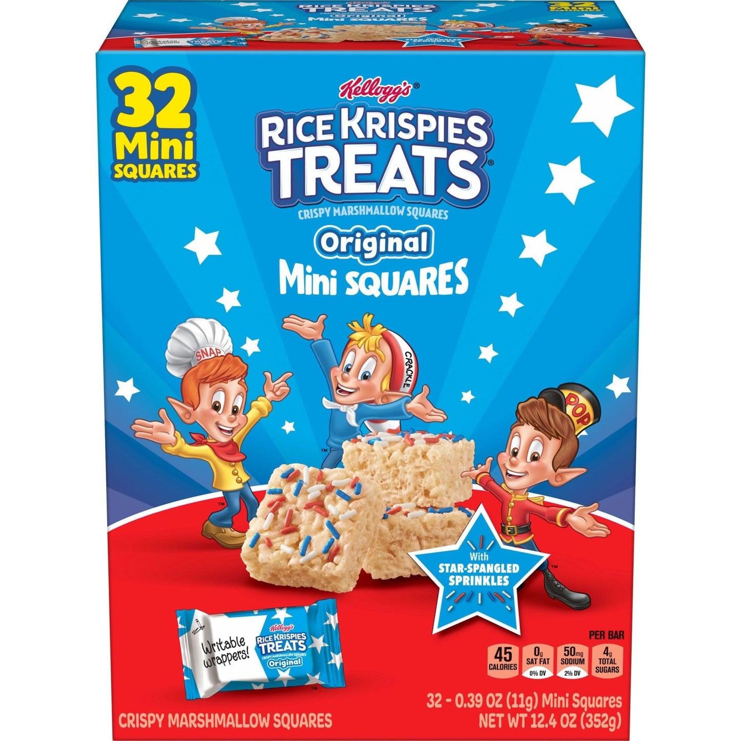 Rice Krispies Treats Mini Crispy Marshmallow Squares, 4th of July Snacks, Original with Star - Spangled Sprinkles, 12.4oz Box (32 Bars) - Fresh Hearth