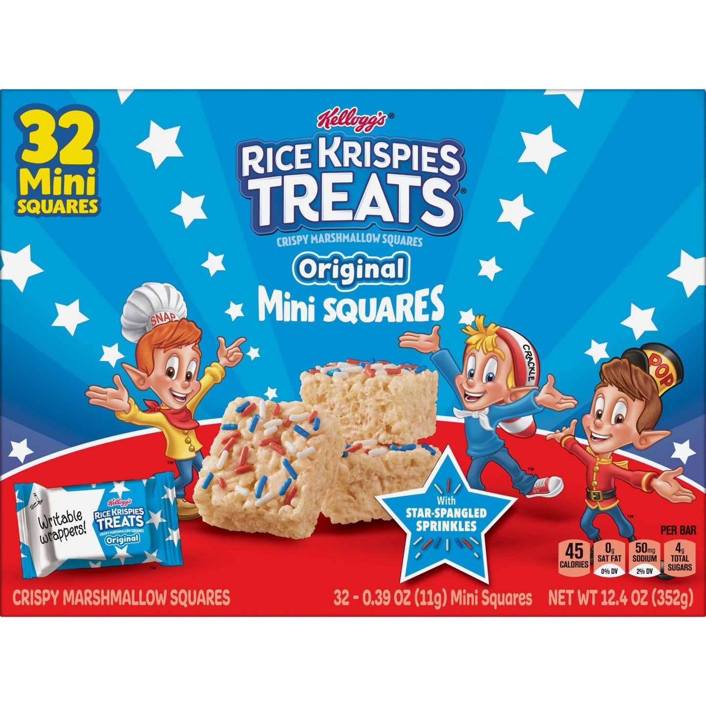 Rice Krispies Treats Mini Crispy Marshmallow Squares, 4th of July Snacks, Original with Star - Spangled Sprinkles, 12.4oz Box (32 Bars) - Fresh Hearth