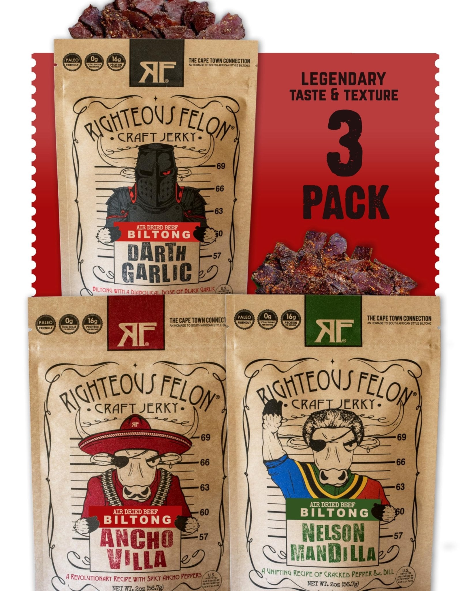 Righteous Felon Biltong Beef Jerky Variety Pack | South African Biltong Snack Packs for Adults | High Protein, Keto - Friendly, Low Sugar | Made with Premium Meats | Beef Jerky Gifts for Men | 3 Pack - Fresh Hearth