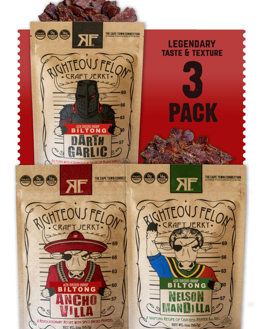 Righteous Felon Biltong Beef Jerky Variety Pack | South African Biltong Snack Packs for Adults | High Protein, Keto - Friendly, Low Sugar | Made with Premium Meats | Beef Jerky Gifts for Men | 3 Pack - Fresh Hearth