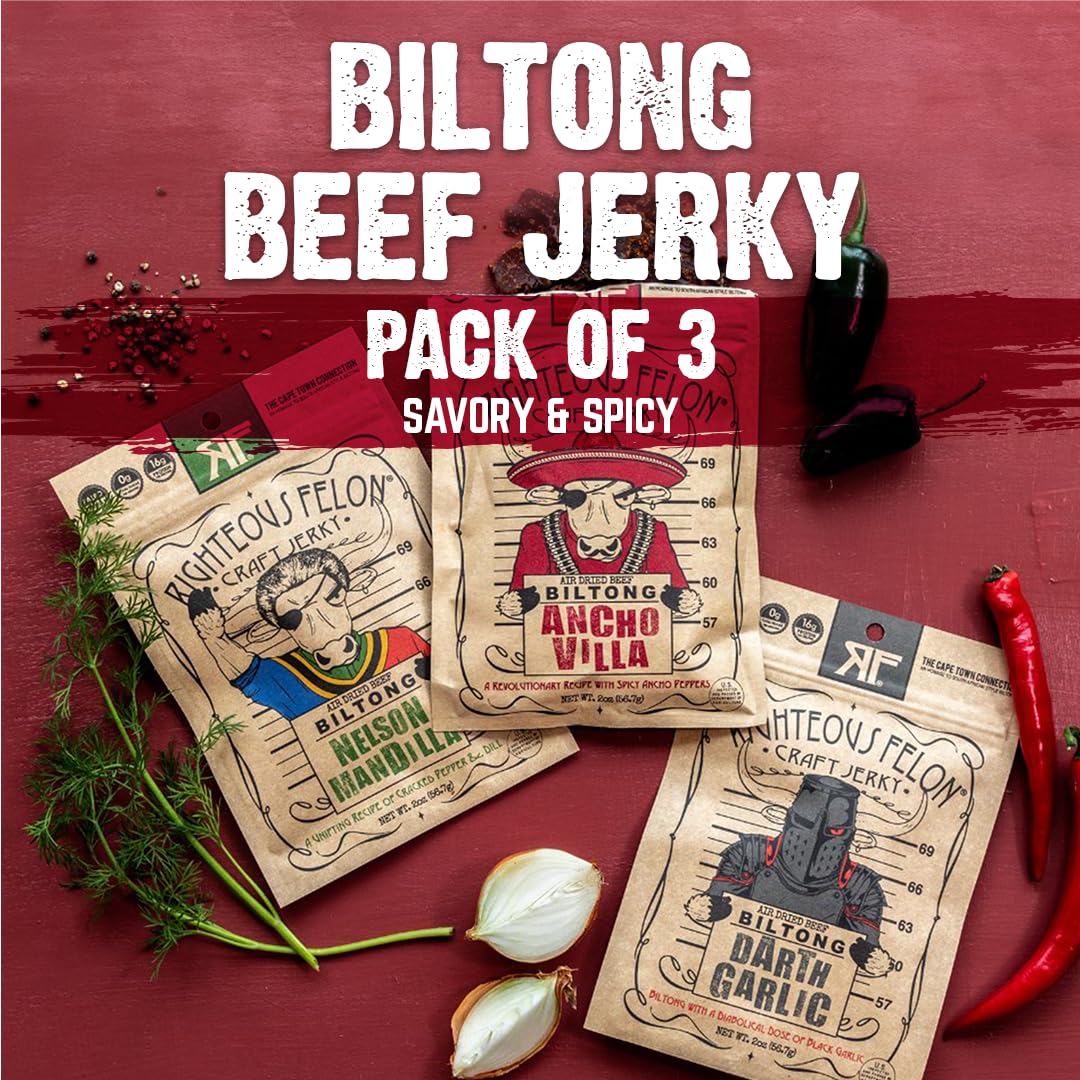 Righteous Felon Biltong Beef Jerky Variety Pack | South African Biltong Snack Packs for Adults | High Protein, Keto - Friendly, Low Sugar | Made with Premium Meats | Beef Jerky Gifts for Men | 3 Pack - Fresh Hearth