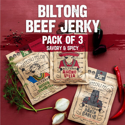 Righteous Felon Biltong Beef Jerky Variety Pack | South African Biltong Snack Packs for Adults | High Protein, Keto - Friendly, Low Sugar | Made with Premium Meats | Beef Jerky Gifts for Men | 3 Pack - Fresh Hearth