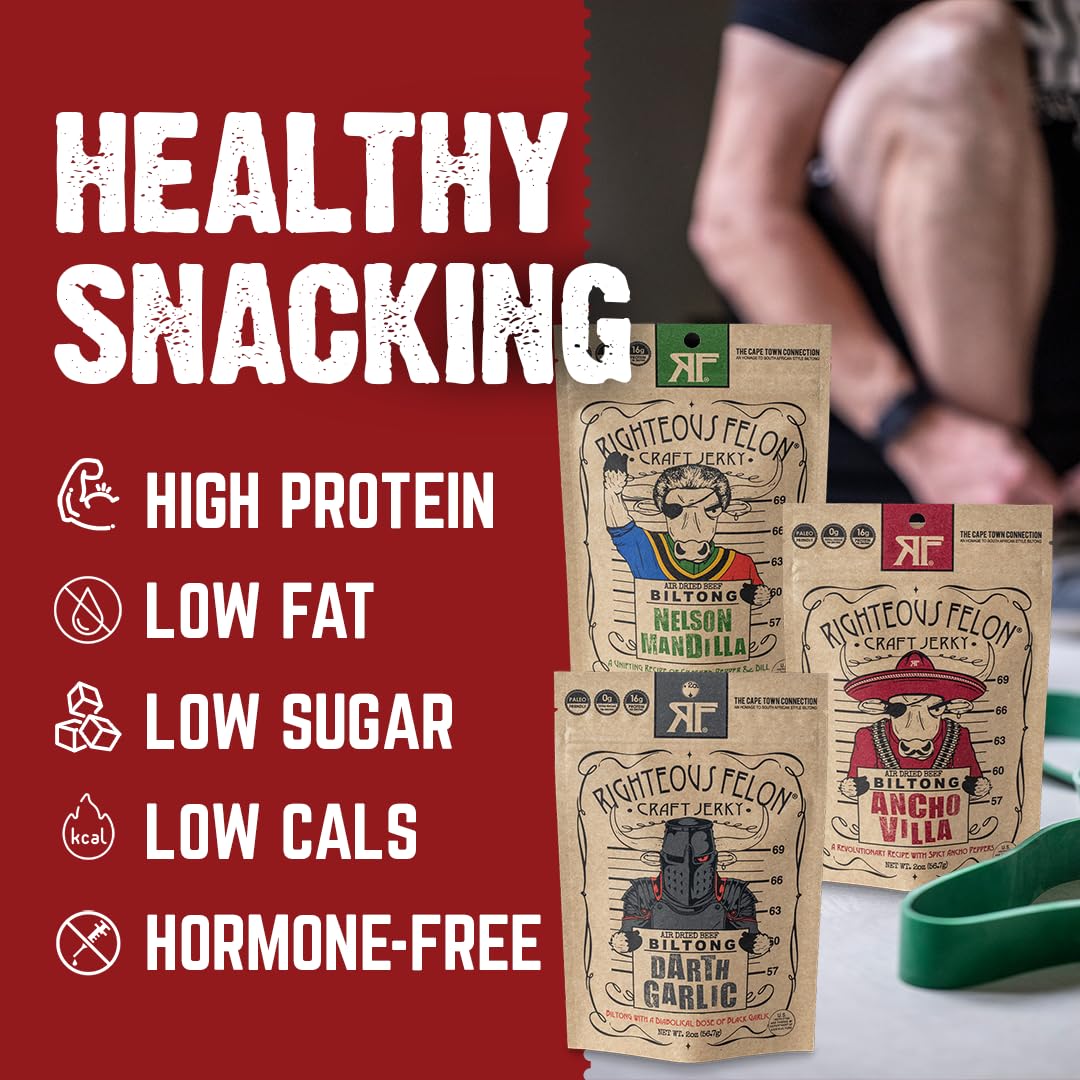 Righteous Felon Biltong Beef Jerky Variety Pack | South African Biltong Snack Packs for Adults | High Protein, Keto - Friendly, Low Sugar | Made with Premium Meats | Beef Jerky Gifts for Men | 3 Pack - Fresh Hearth