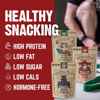 Righteous Felon Biltong Beef Jerky Variety Pack | South African Biltong Snack Packs for Adults | High Protein, Keto - Friendly, Low Sugar | Made with Premium Meats | Beef Jerky Gifts for Men | 3 Pack - Fresh Hearth