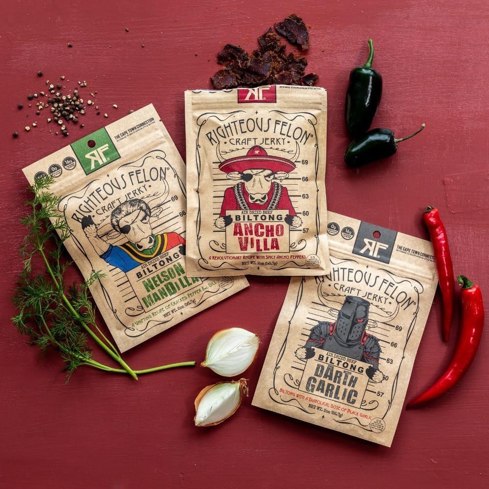 Righteous Felon Biltong Beef Jerky Variety Pack | South African Biltong Snack Packs for Adults | High Protein, Keto - Friendly, Low Sugar | Made with Premium Meats | Beef Jerky Gifts for Men | 3 Pack - Fresh Hearth