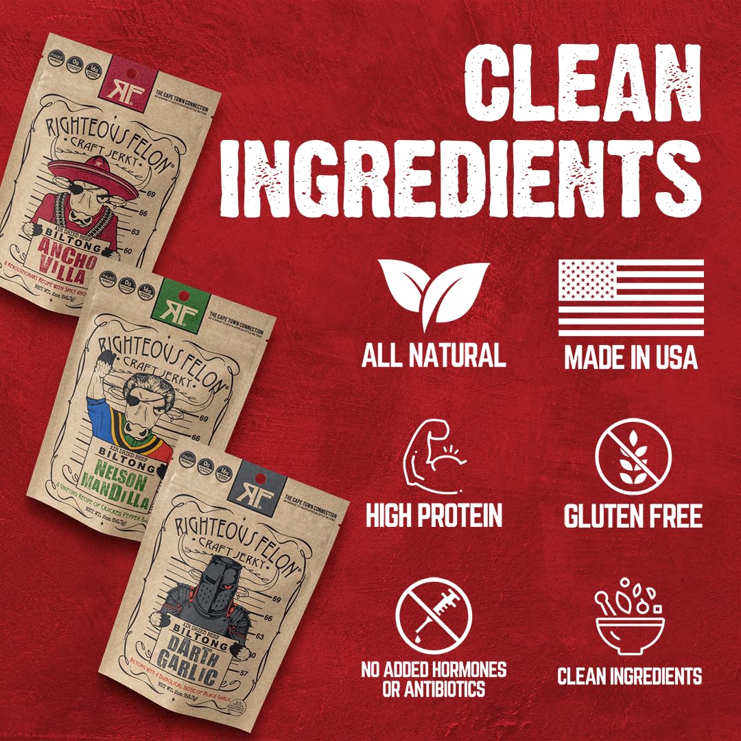 Righteous Felon Biltong Beef Jerky Variety Pack | South African Biltong Snack Packs for Adults | High Protein, Keto - Friendly, Low Sugar | Made with Premium Meats | Beef Jerky Gifts for Men | 3 Pack - Fresh Hearth