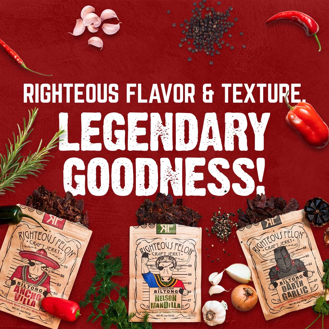 Righteous Felon Biltong Beef Jerky Variety Pack | South African Biltong Snack Packs for Adults | High Protein, Keto - Friendly, Low Sugar | Made with Premium Meats | Beef Jerky Gifts for Men | 3 Pack - Fresh Hearth