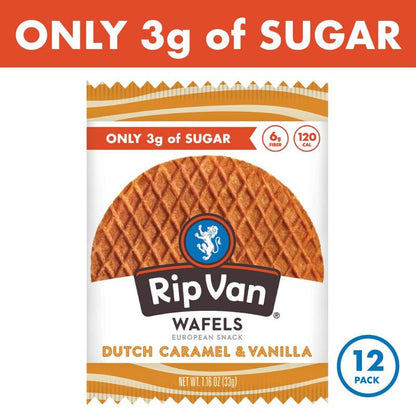 Rip Van Wafels Dutch Caramel & Vanilla Stroopwafels, Healthy Snacks, Non - GMO, Low Calorie, Low Sugar (3g), Office Snacks, Keto Friendly, 12 Count - Fresh Hearth